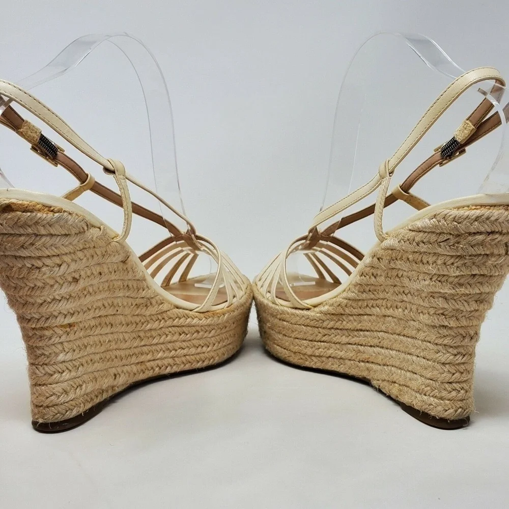 Schutz Gianne Size 8 Leather Espadrille Platform Wedge Cage Sandal Cream